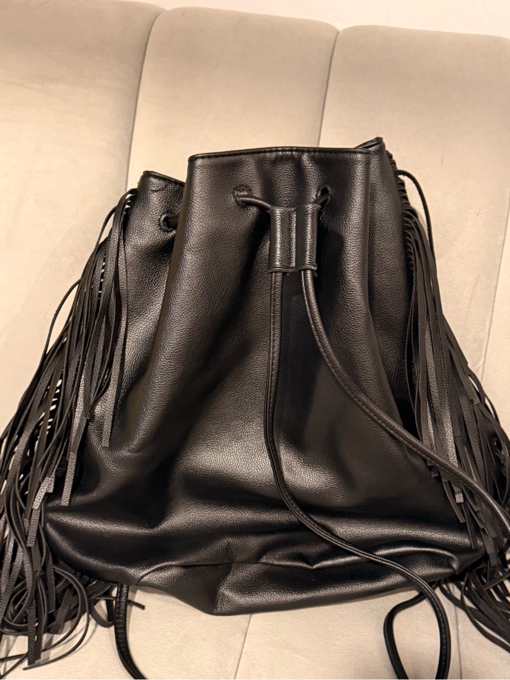 VICTORIA SECRET Black Leather Fringe Drawstring Women’s Bag